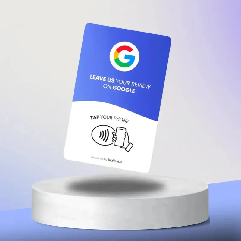Tarjeta NFC para reseñas en Google: el cliente acerca su teléfono y deja su opinión